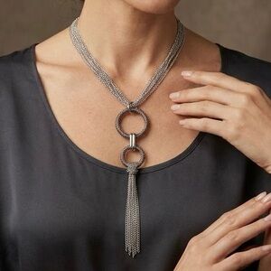 Silver Two Tone Multi-Strand Mesh Lariat Necklace Interlocking Rings Tassel Boho